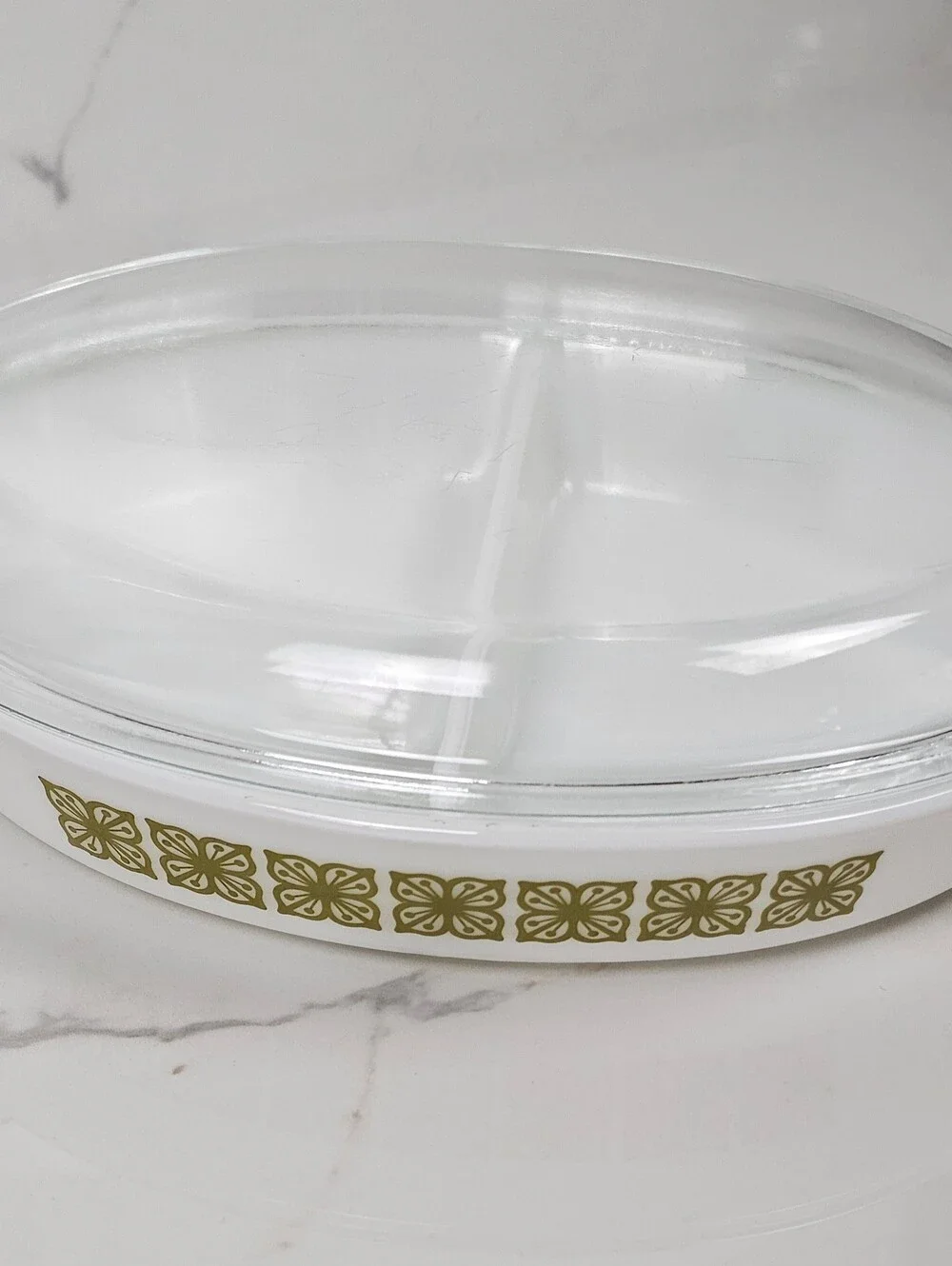 Vintage Pyrex Verde Olive Green Floral Divided Casserole Dish 1.5 Qt with Glass